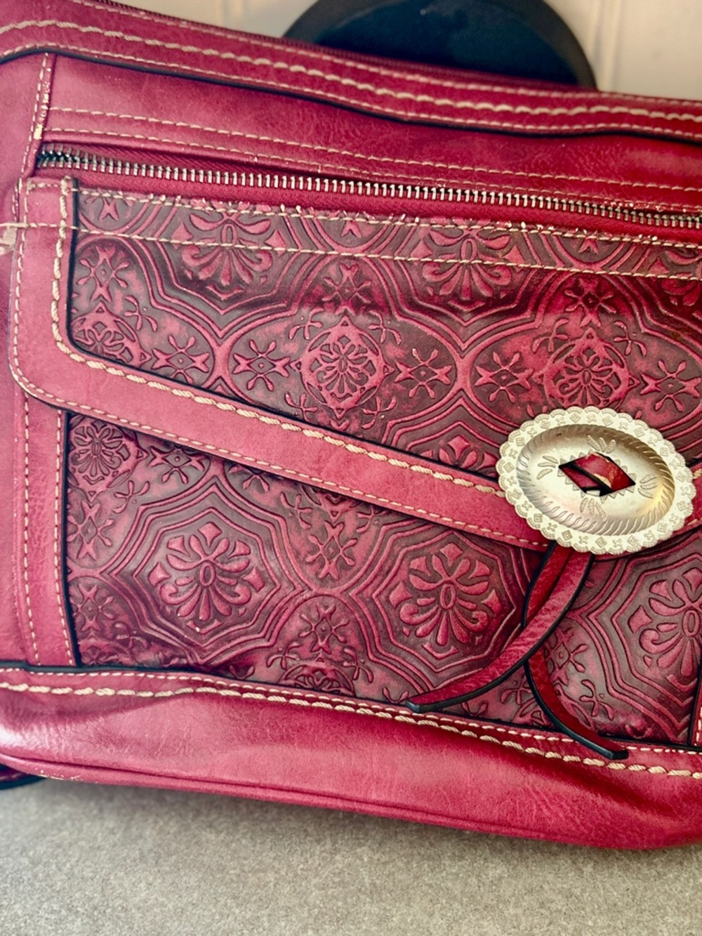 B.O.C  Embossed Floral Leather Crossbody in Deep Berry with Silver Concho